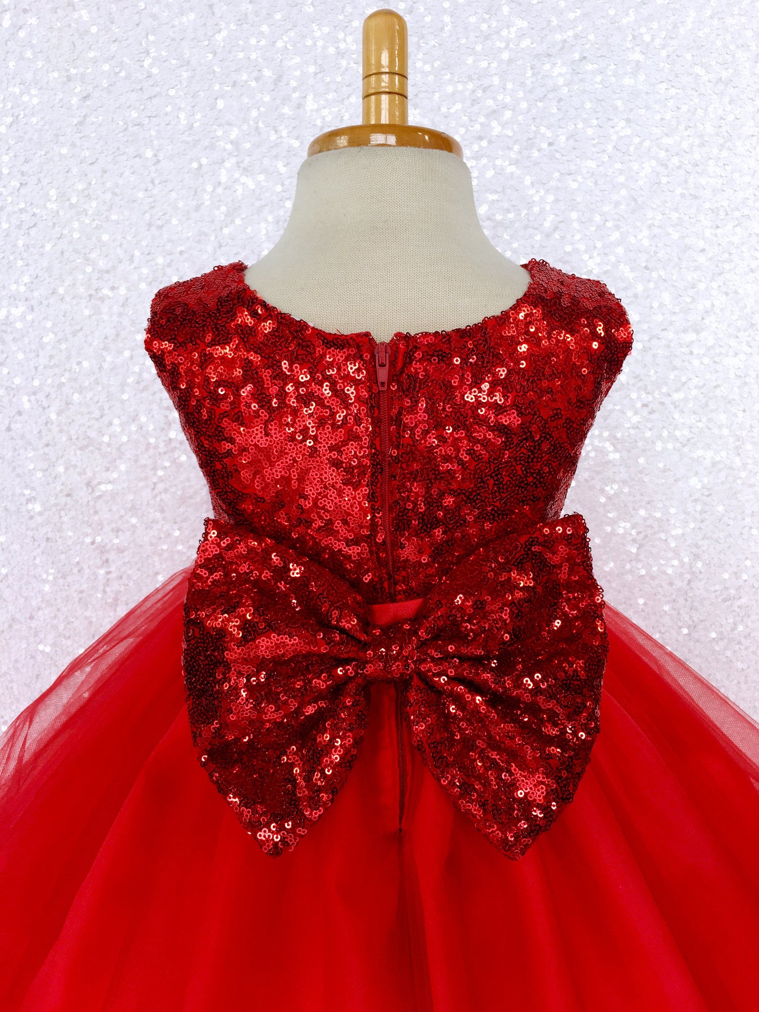 Fishing Line Sleeveless 2 Layer Red Mini Sequence Bow Gown