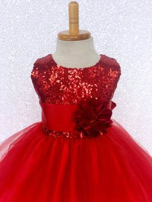 Red Mini Sequin Tulle Fishing Line Dress Velvet Flower