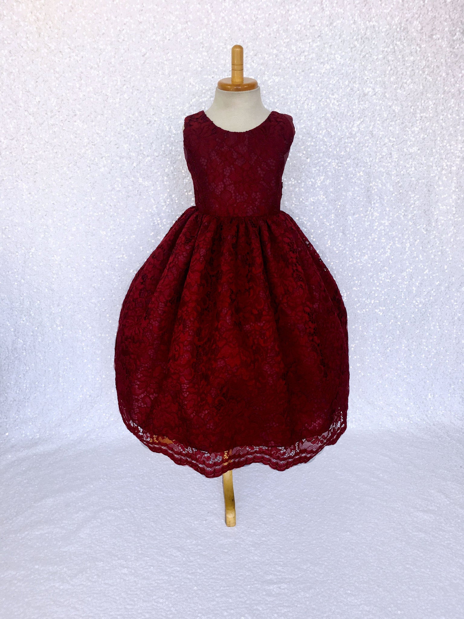 Burgundy French Lace V-Back Sleeveless Dress Bow