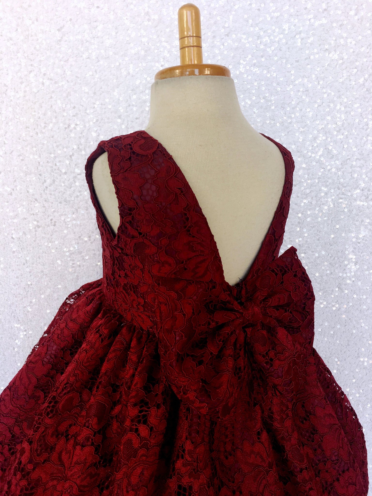 Burgundy French Lace V-Back Sleeveless Dress Bow