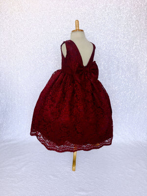 Burgundy French Lace V-Back Sleeveless Dress Bow