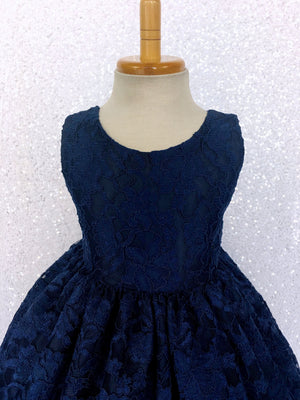 Sleeveless Navy French Lace V-Back Dress Bow