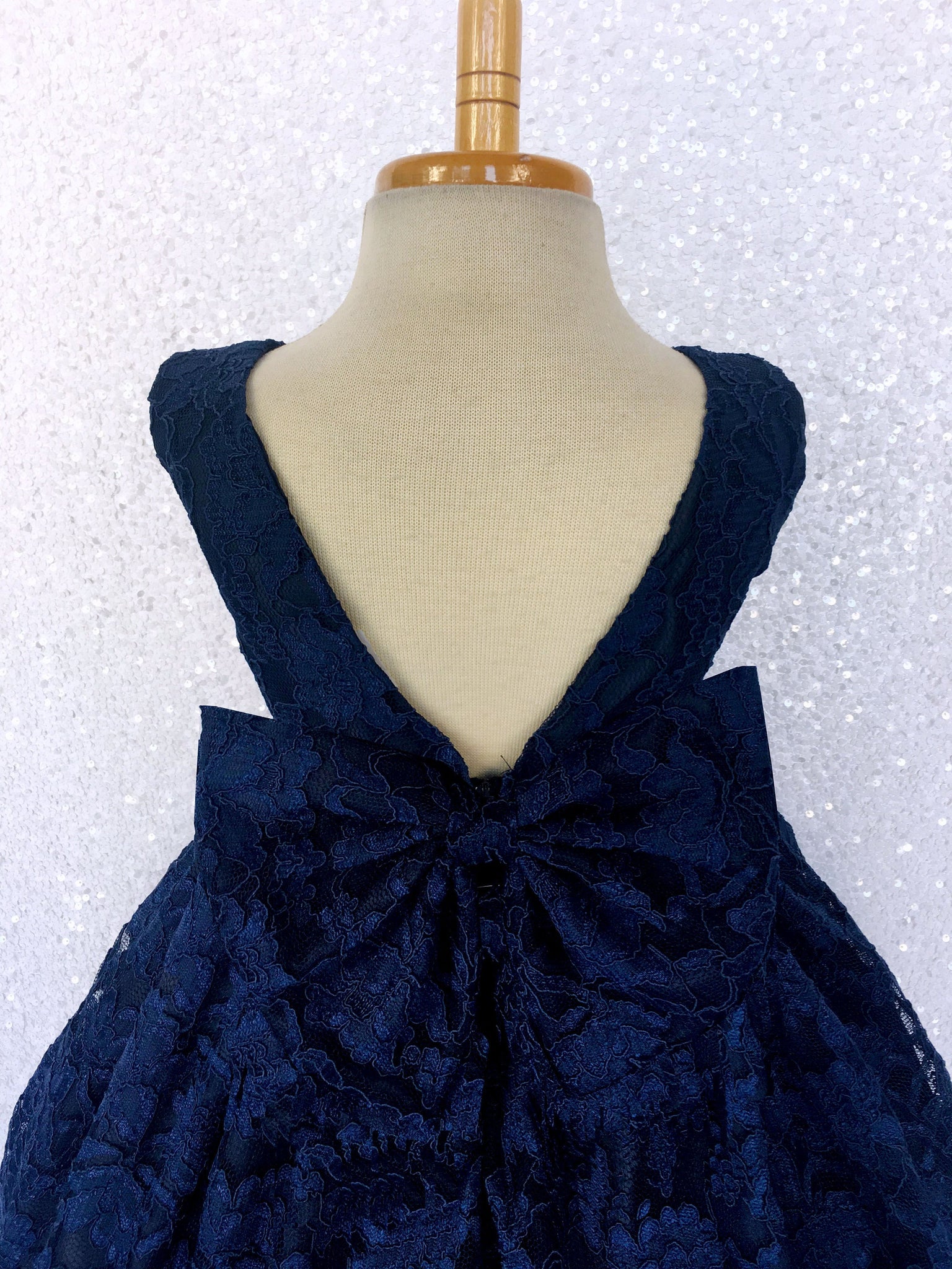 Sleeveless Navy French Lace V-Back Dress Bow