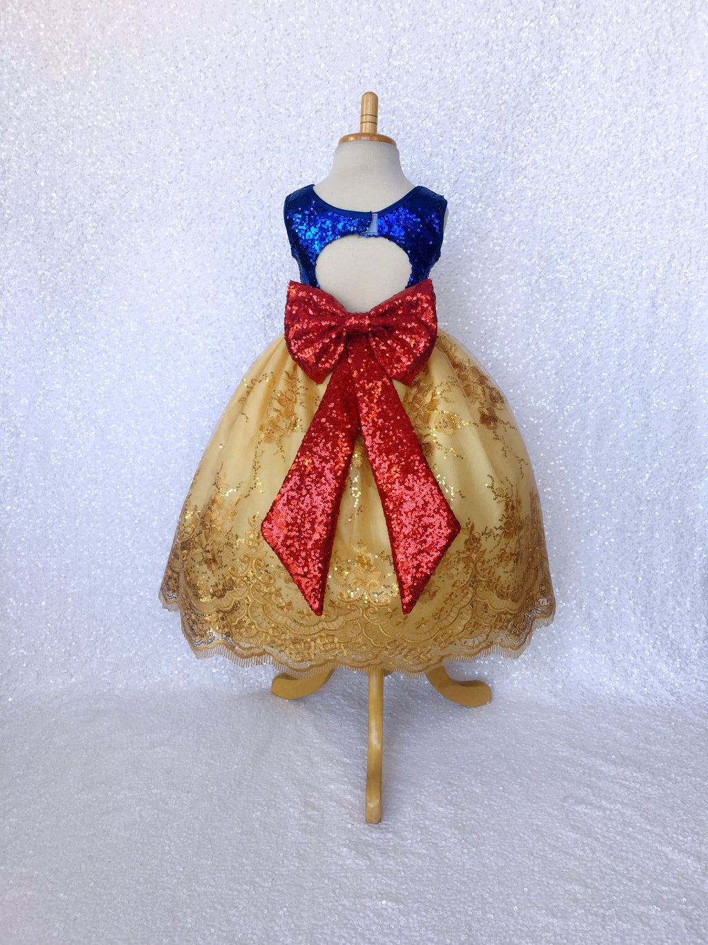 Keyhole Sleeveless Mini Sequin Snow White Inspired Dress Bow