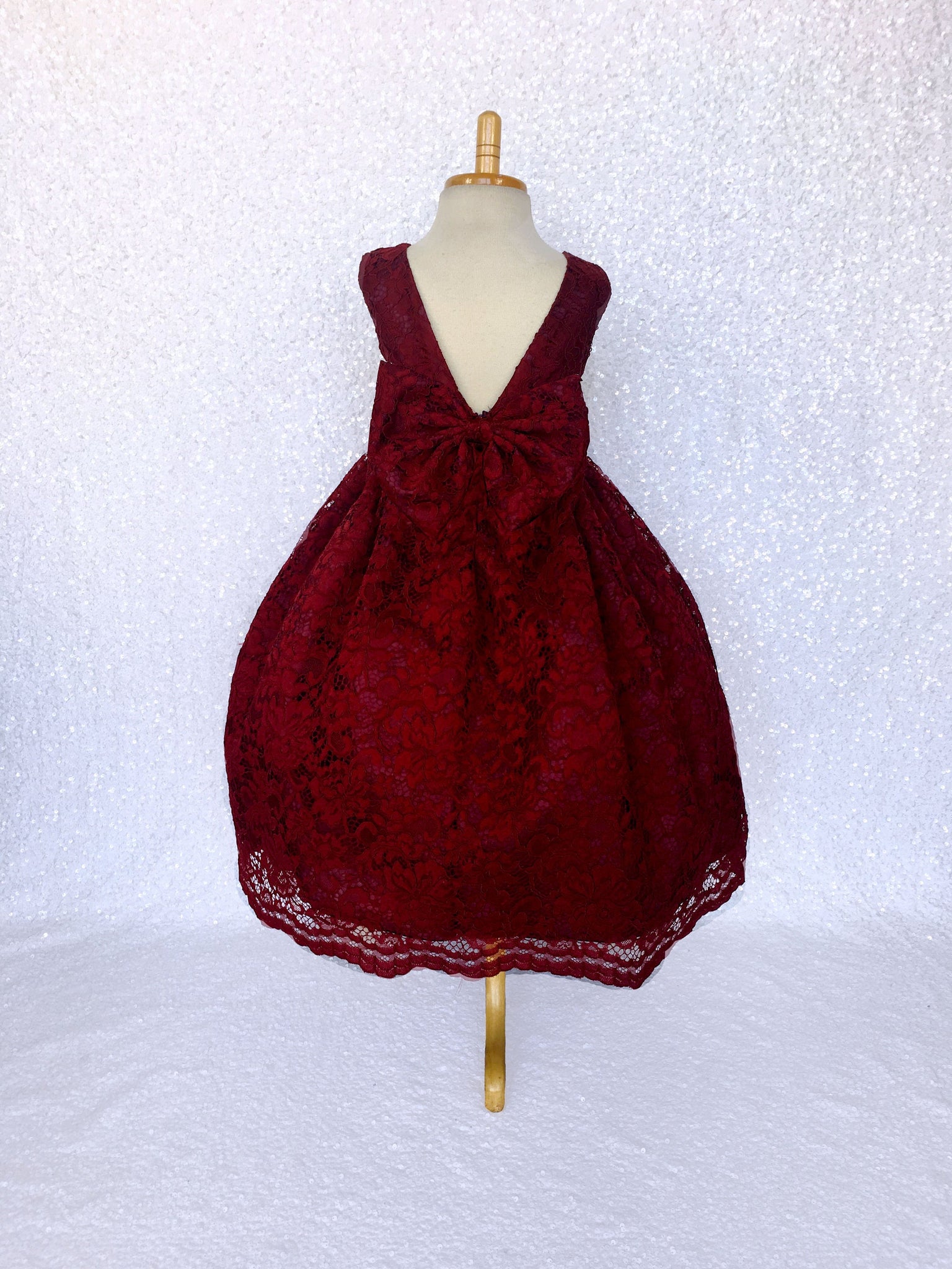 Burgundy French Lace V-Back Sleeveless Dress Bow