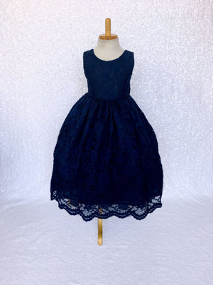 Sleeveless Navy French Lace V-Back Dress Bow