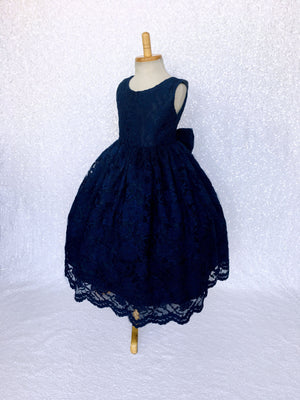 Sleeveless Navy French Lace V-Back Dress Bow