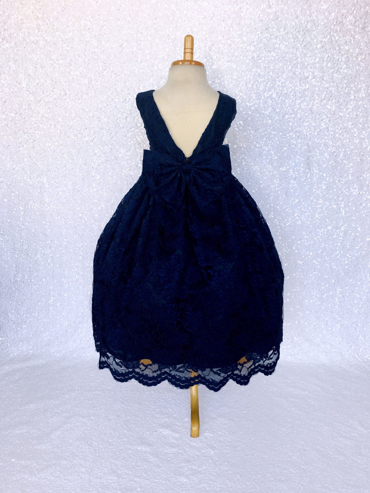 Sleeveless Navy French Lace V-Back Dress Bow