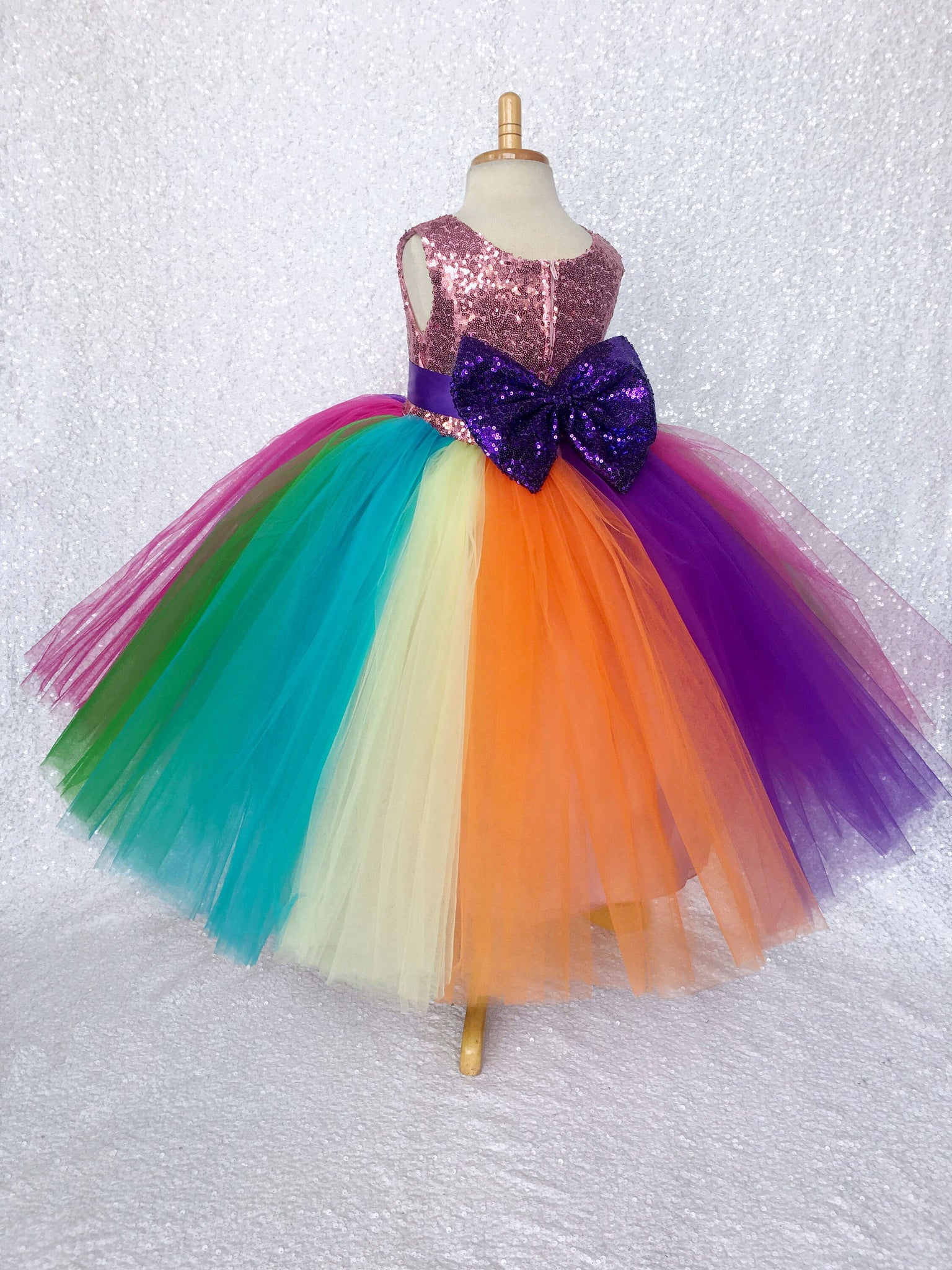 Sleeveless Dusty Rose Mini Sequin Bow Rainbow Tulle Gown