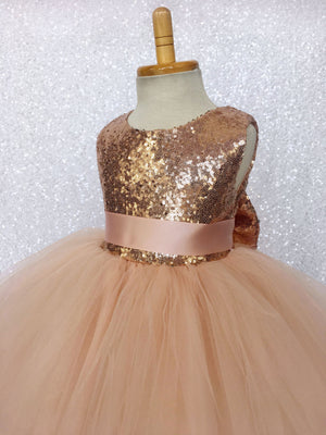 Rose Gold FL Mini Sequin 2 Layer Tulle Dress Bow