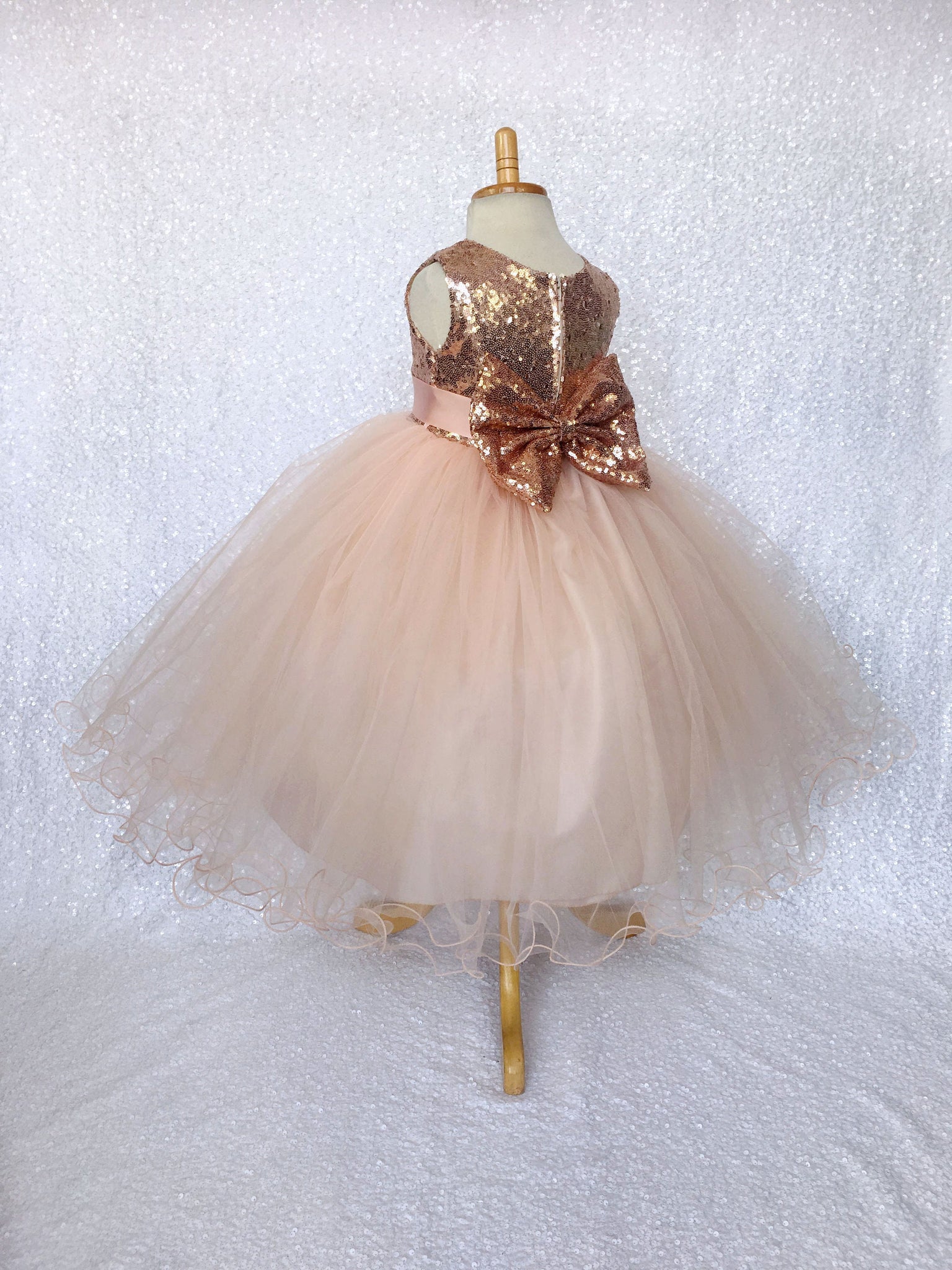 Rose Gold FL Mini Sequin 2 Layer Tulle Dress Bow