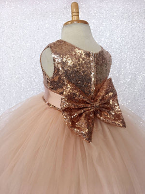 Rose Gold FL Mini Sequin 2 Layer Tulle Dress Bow