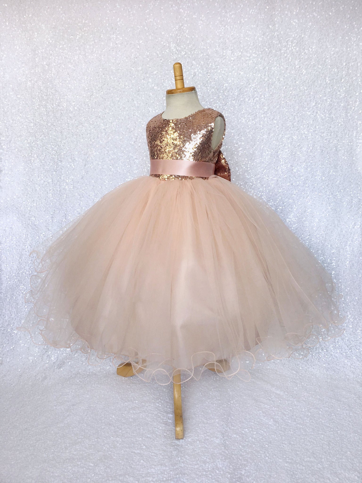 Rose Gold FL Mini Sequin 2 Layer Tulle Dress Bow