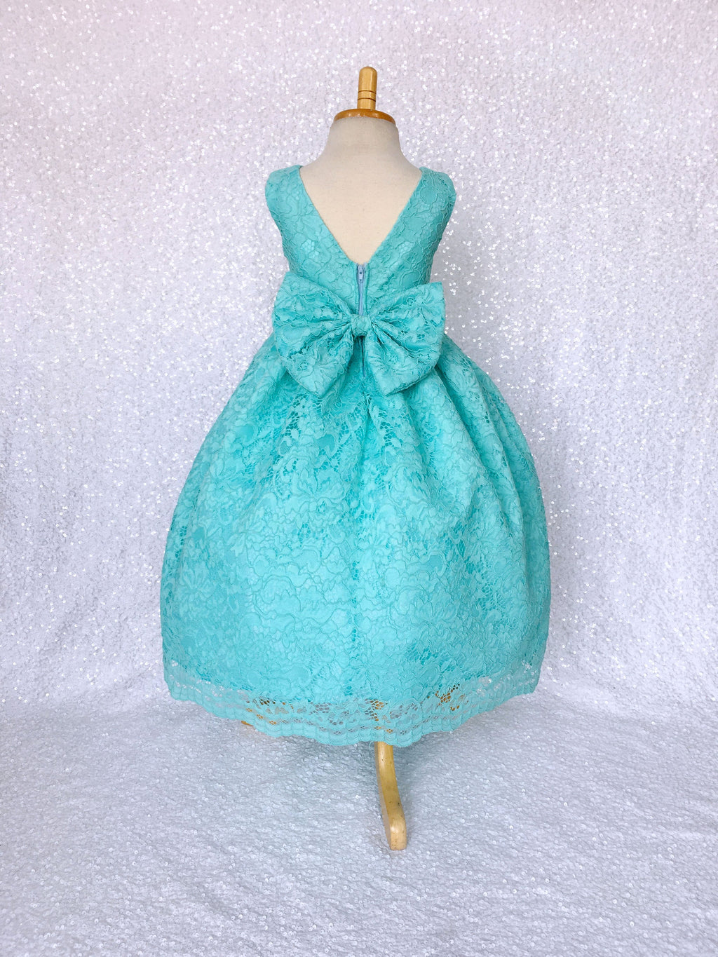 Aqua Blue V-Back Sleeveless French Lace Gown Bow