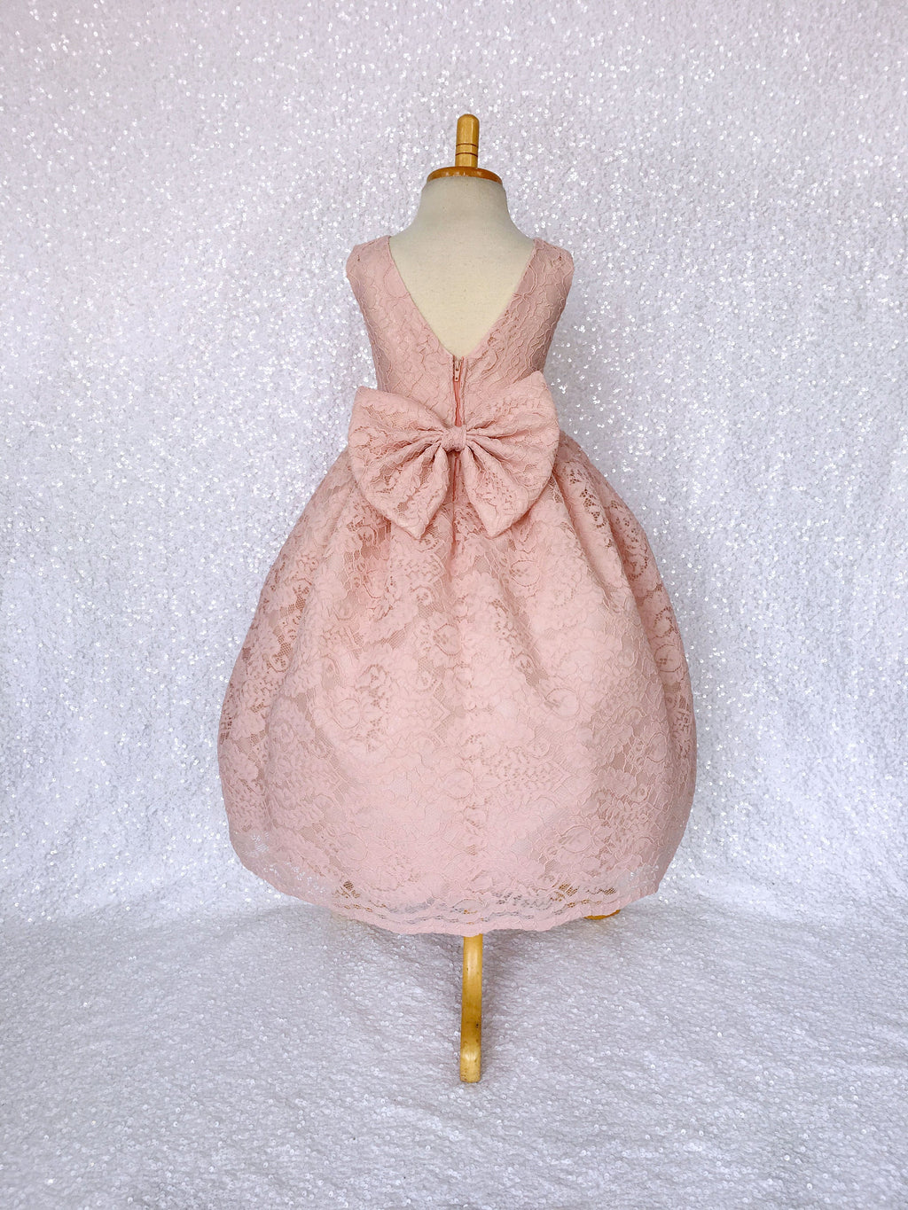 V-Back Blush Pink French Lace Gown Bow