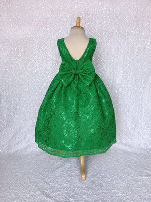 Sleeveless Kelly Green French Lace V-Back Dress Bow