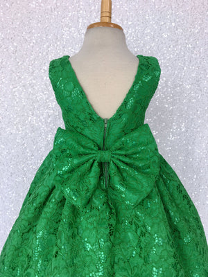 Sleeveless Kelly Green French Lace V-Back Dress Bow