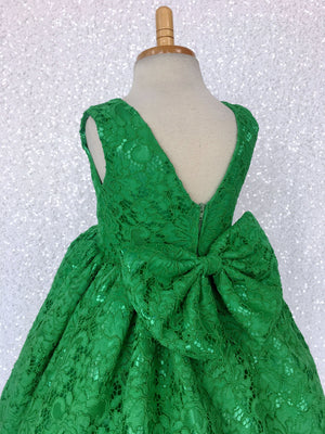 Sleeveless Kelly Green French Lace V-Back Dress Bow