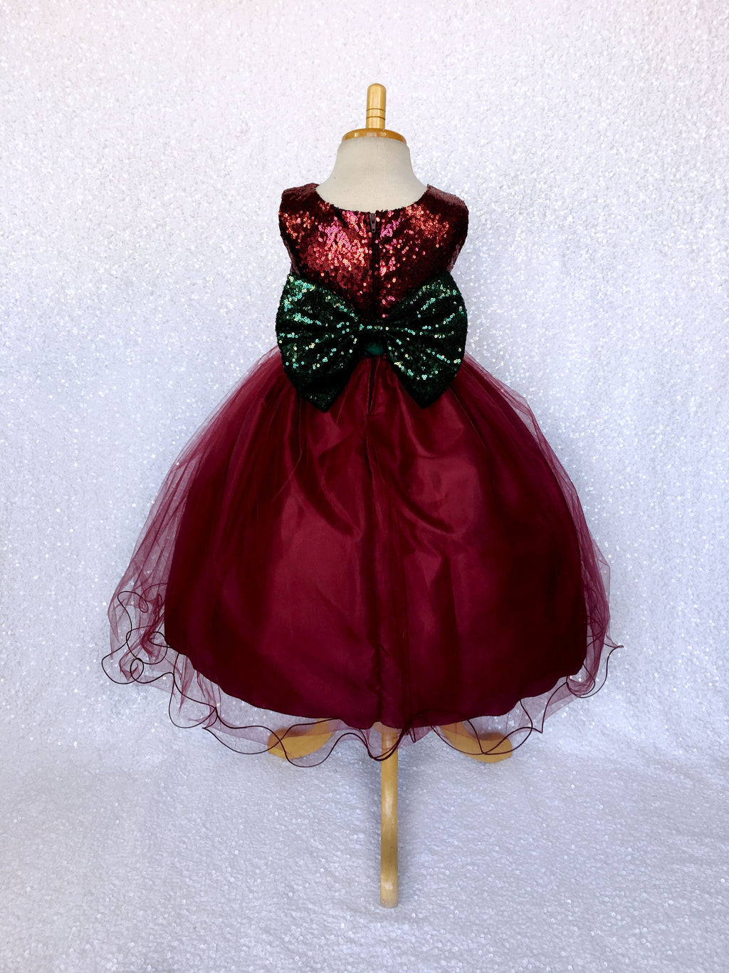 Maroon Burgundy 2 Layer Tulle Sequence Dress Hunter Green Sequin Bow