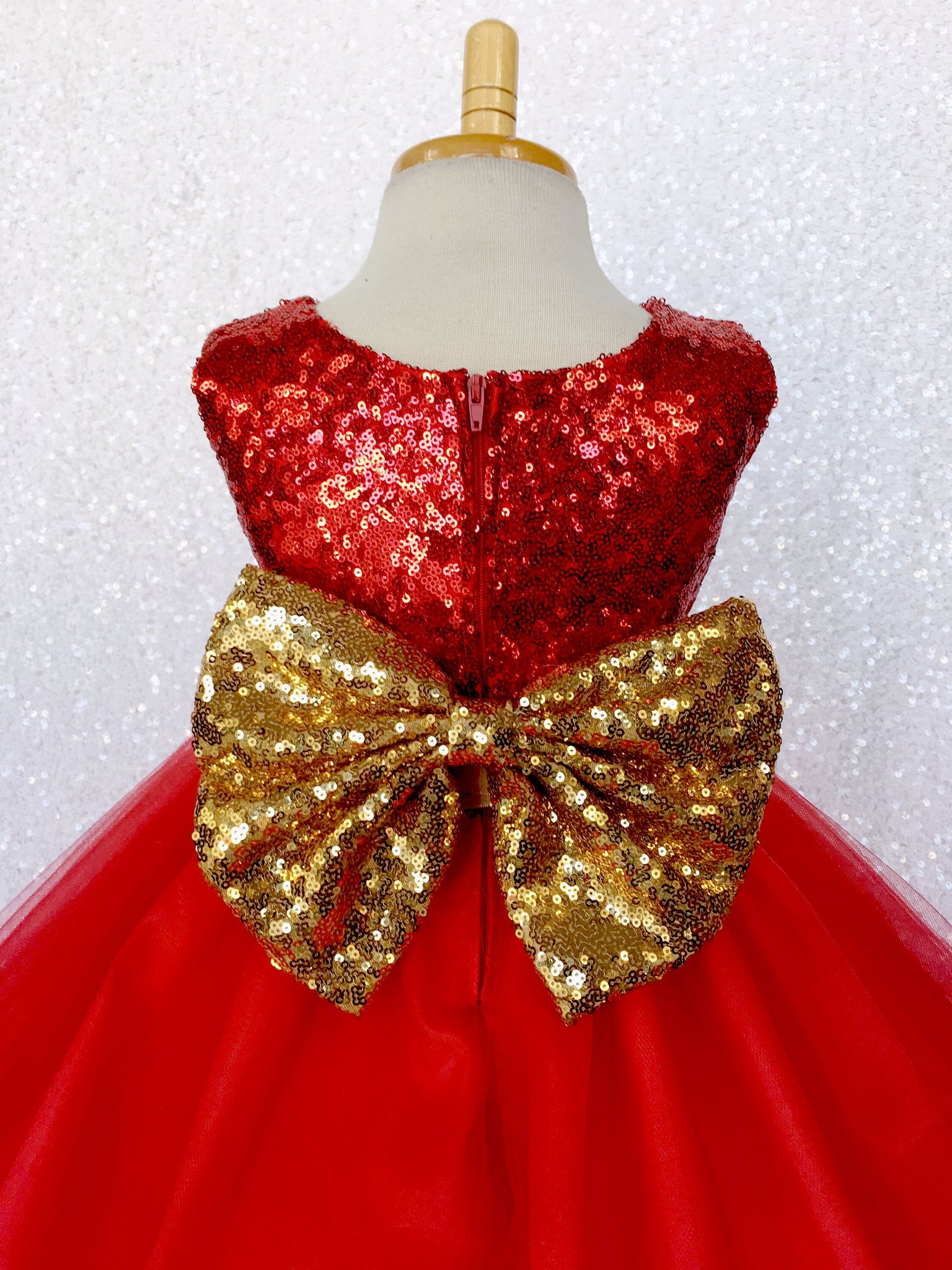 Mini Sequin Tulle Fishing Line Red 2 Layer Tulle Dress Gold Bow