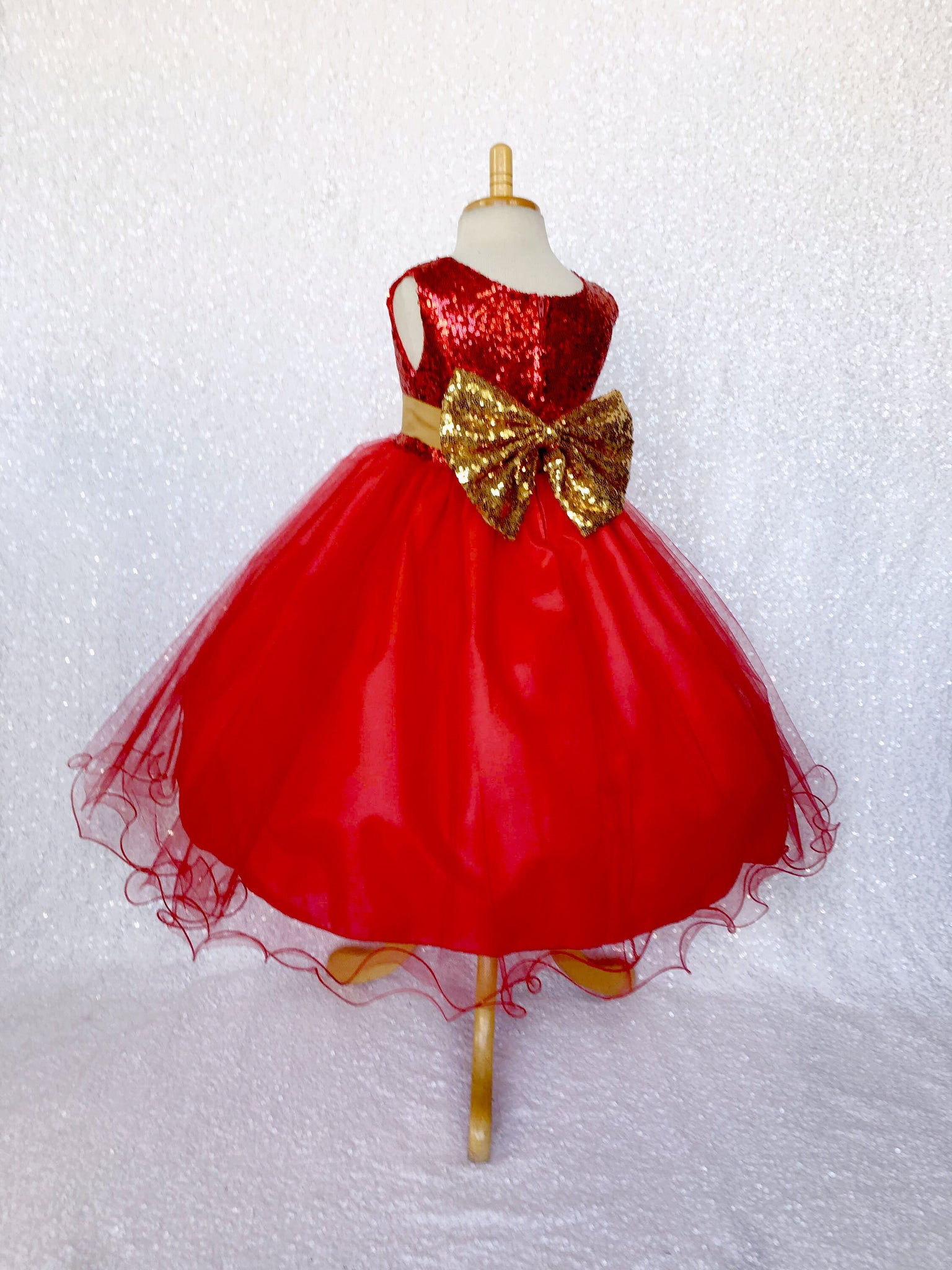 Mini Sequin Tulle Fishing Line Red 2 Layer Tulle Dress Gold Bow