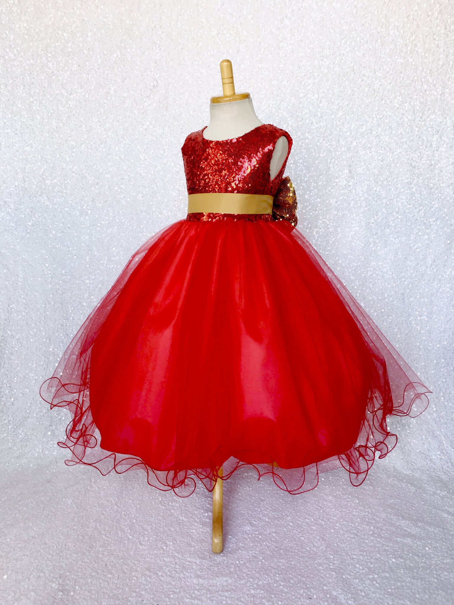 Mini Sequin Tulle Fishing Line Red 2 Layer Tulle Dress Gold Bow