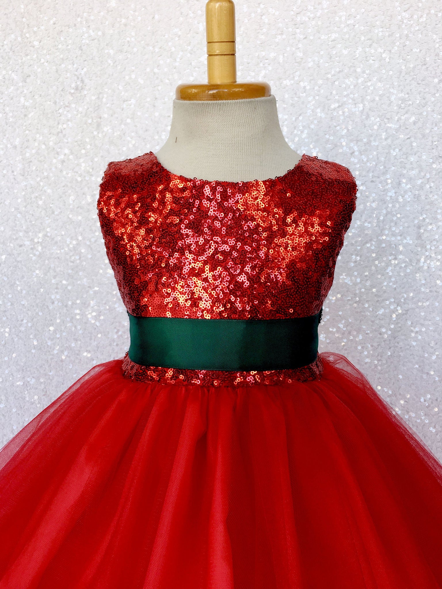 Sleeveless Red Mini Sequin 2 Layer Tulle Fishing Line Dress Hunter Green Bow