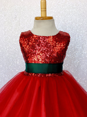 Sleeveless Red Mini Sequin 2 Layer Tulle Fishing Line Dress Hunter Green Bow