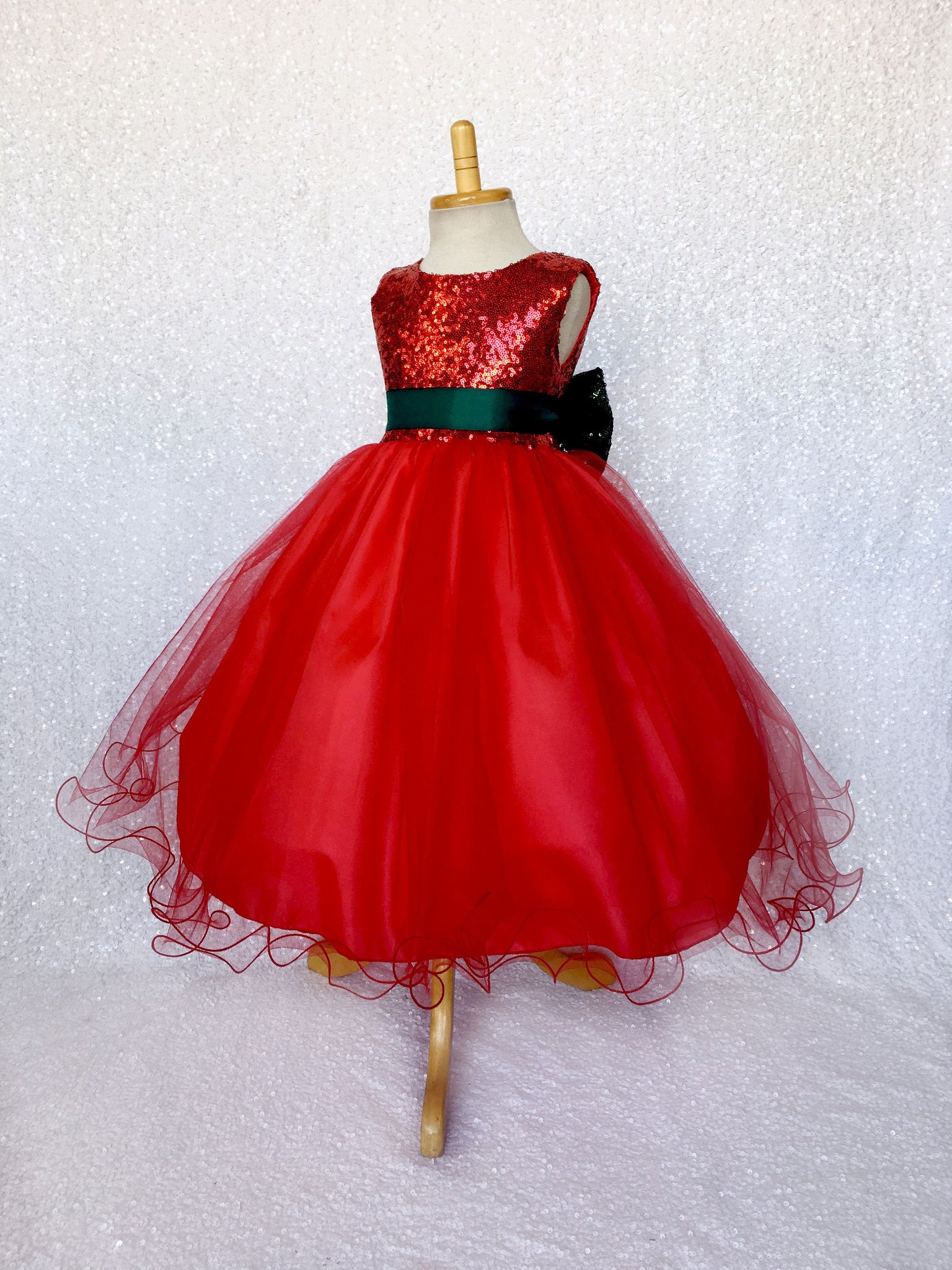 Sleeveless Red Mini Sequin 2 Layer Tulle Fishing Line Dress Hunter Green Bow