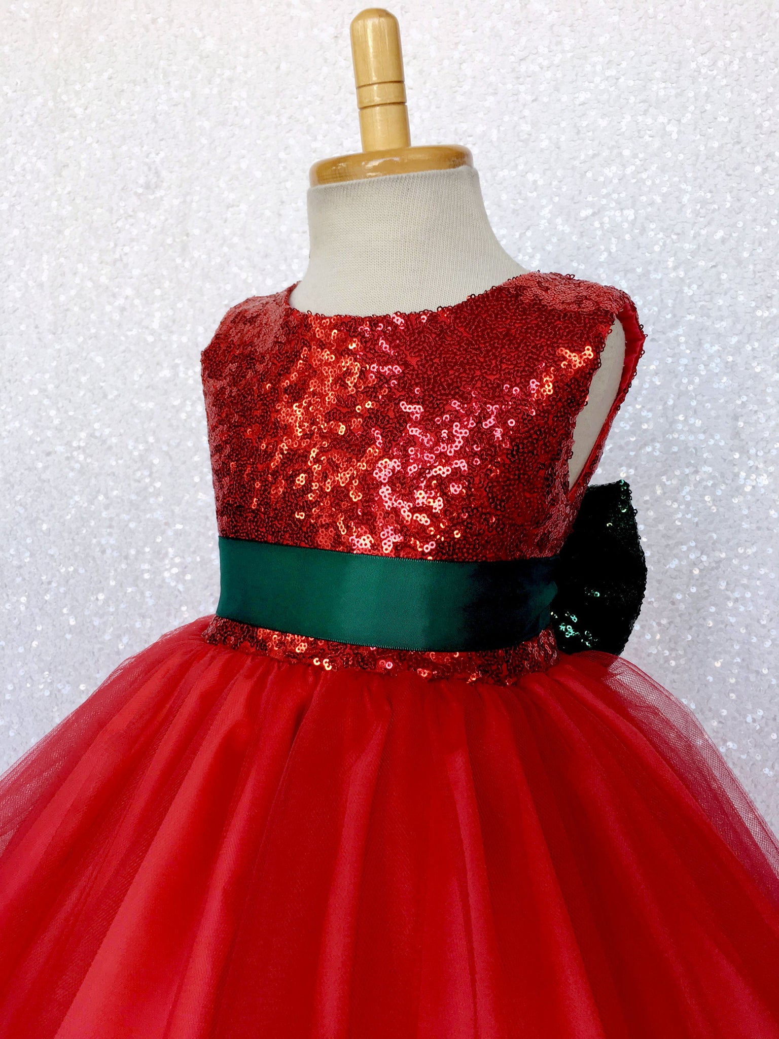 Sleeveless Red Mini Sequin 2 Layer Tulle Fishing Line Dress Hunter Green Bow