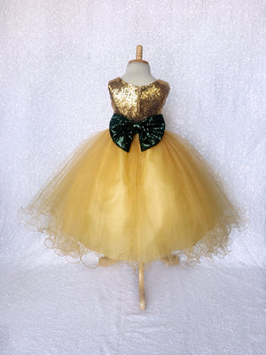 Yellow Mini Sequence Gown Tulle Sleeveless Hunter Green Bow