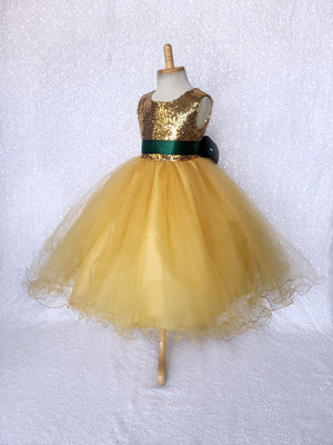 Yellow Mini Sequence Gown Tulle Sleeveless Hunter Green Bow