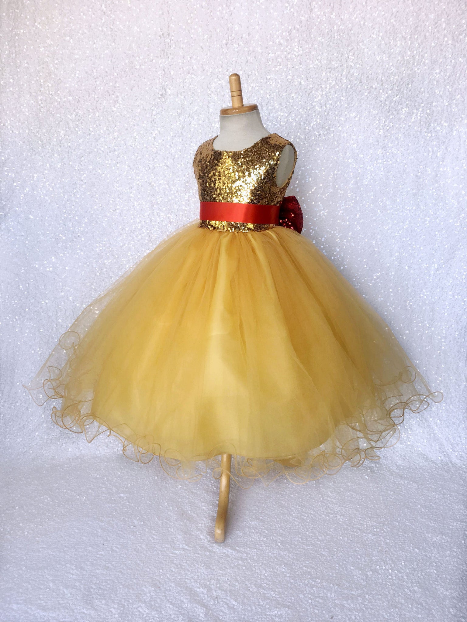 Mini Sequin Yellow 2 Layer Tulle Dress Red Bow