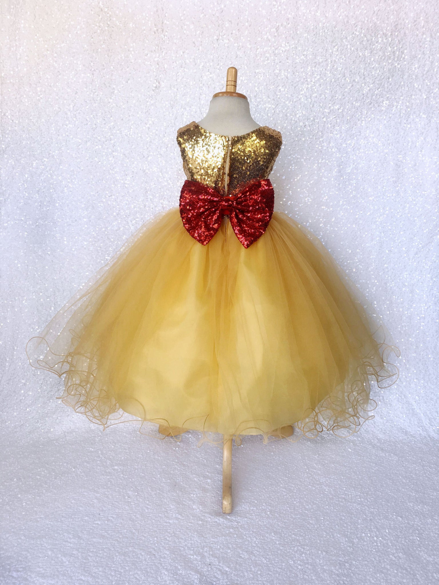 Mini Sequin Yellow 2 Layer Tulle Dress Red Bow