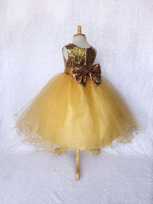 Gold Yellow Sleeveless Mini Sequence 2 Layer Tulle Fishing Line Big Bow