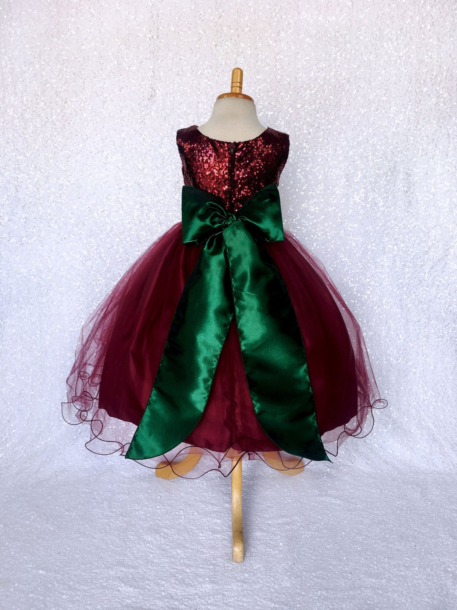 Burgundy Sequin Tulle 2 Layer Dress Hunter Green Velvet Flower Sash