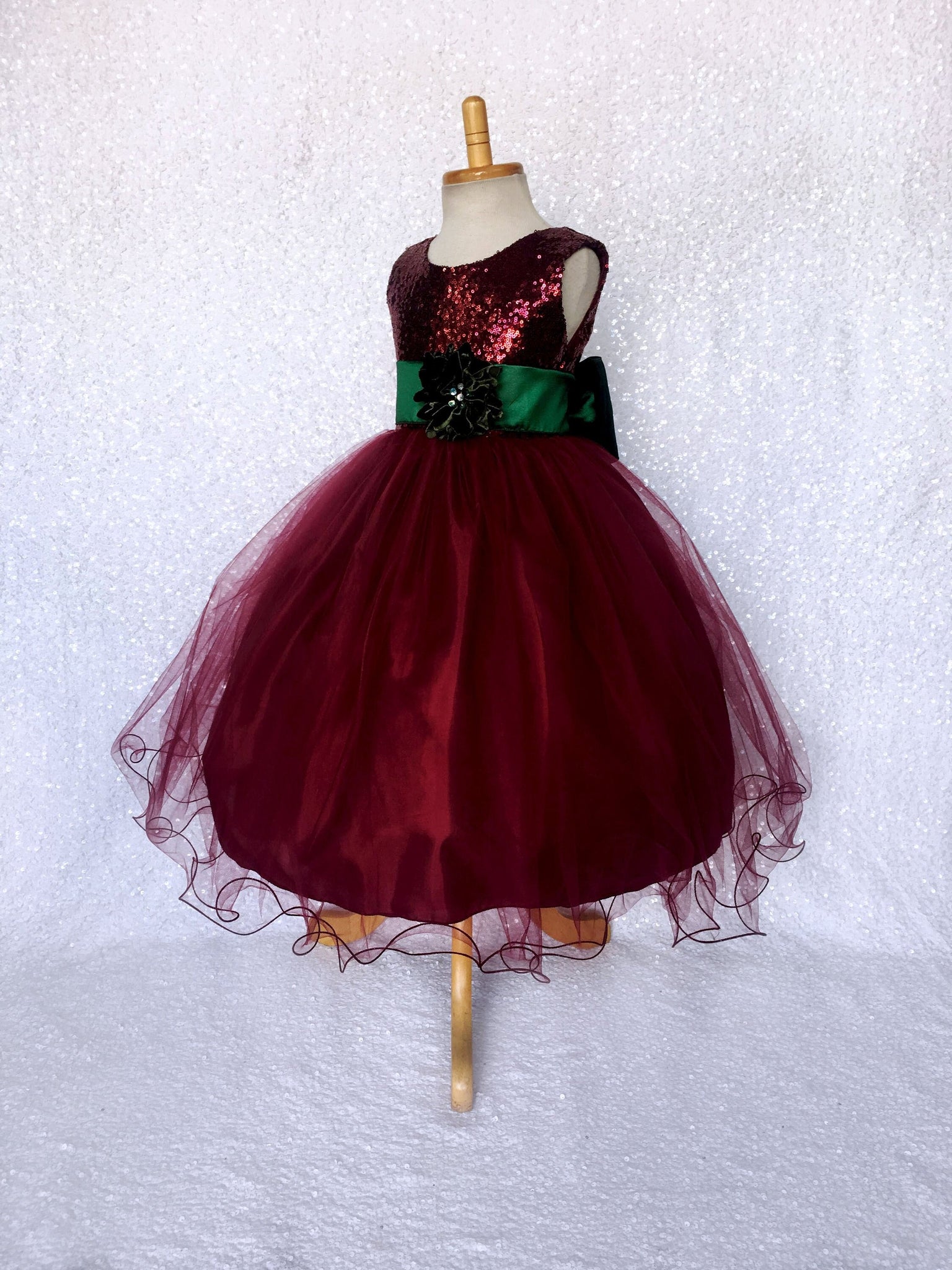 Burgundy Sequin Tulle 2 Layer Dress Hunter Green Velvet Flower Sash