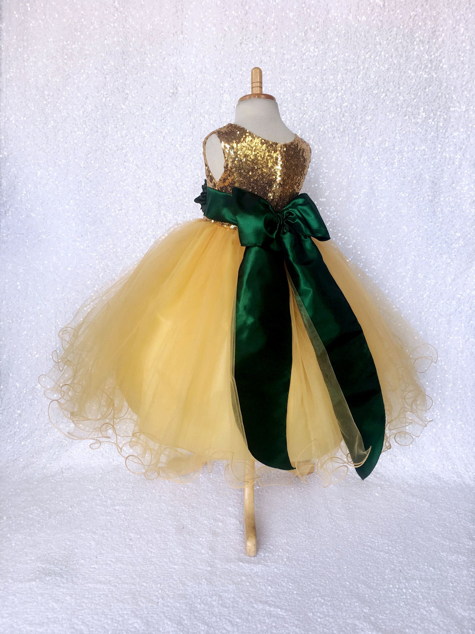 Sequence Yellow Gold 2 Layer Hunter Green Satin Sash Velvet Flower Gown