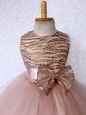 Glitter Striped Rose Gold Blush Tulle Gown Mini Sequin Bow Ribbon