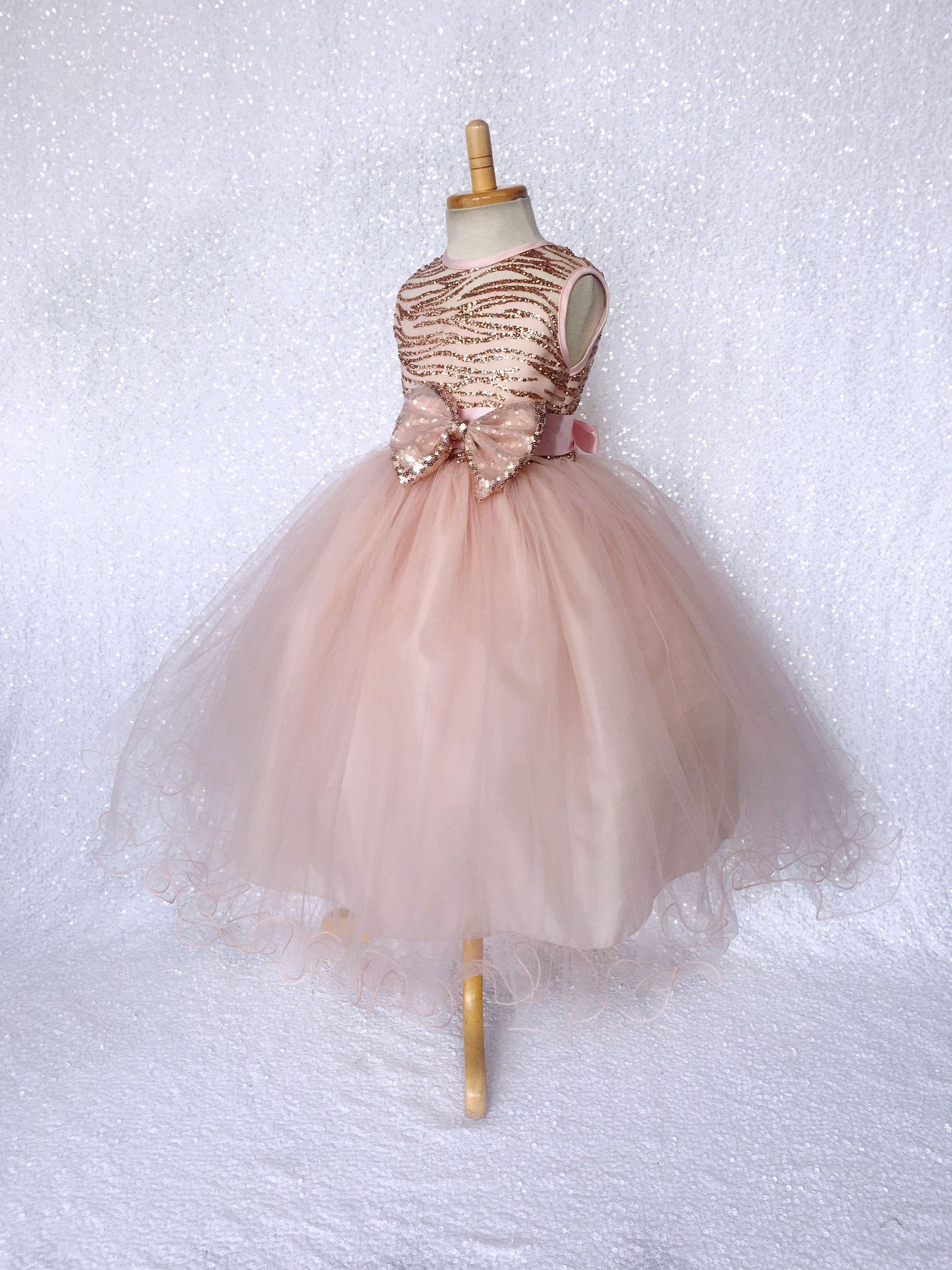 Glitter Striped Rose Gold Blush Tulle Gown Mini Sequin Bow Ribbon