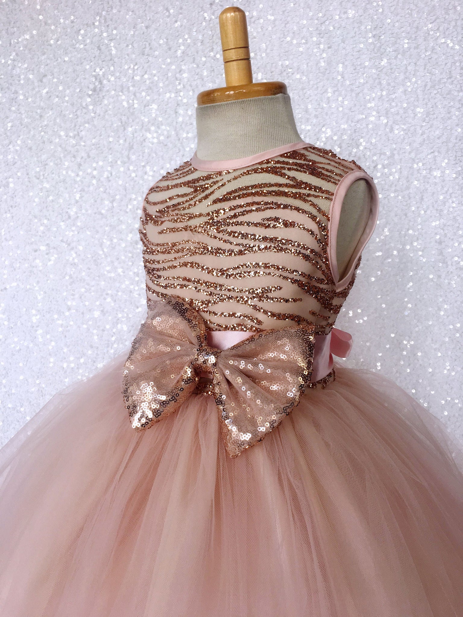 Glitter Striped Rose Gold Blush Tulle Gown Mini Sequin Bow Ribbon