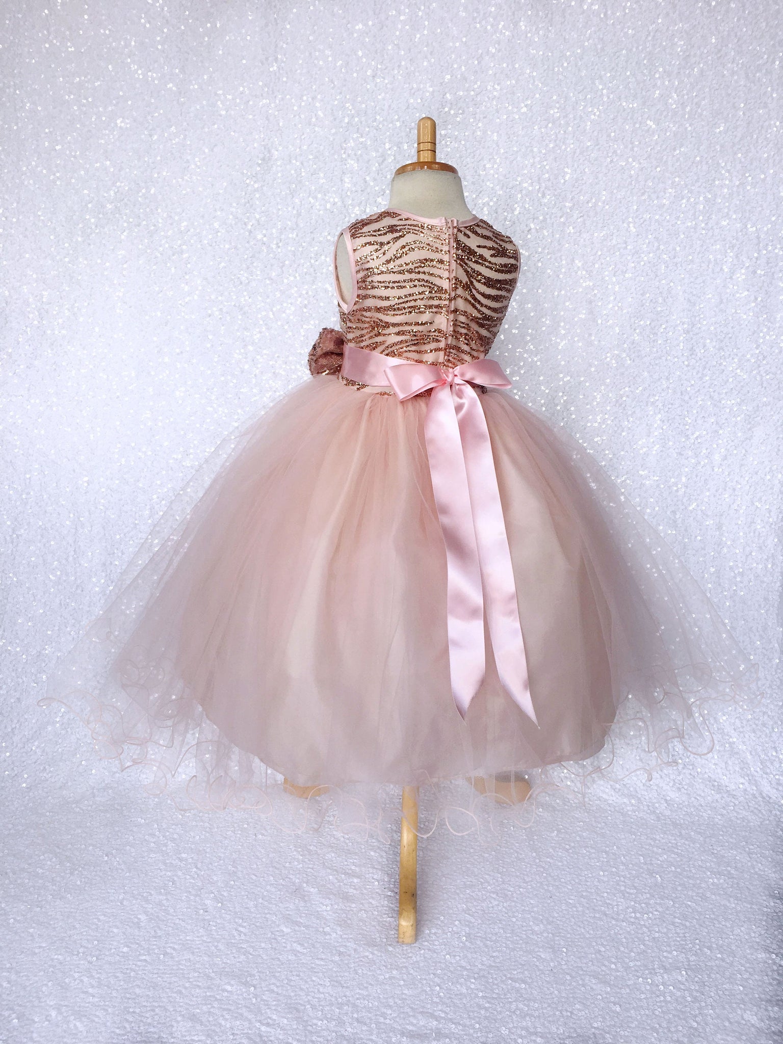 Glitter Striped Rose Gold Blush Tulle Gown Mini Sequin Bow Ribbon