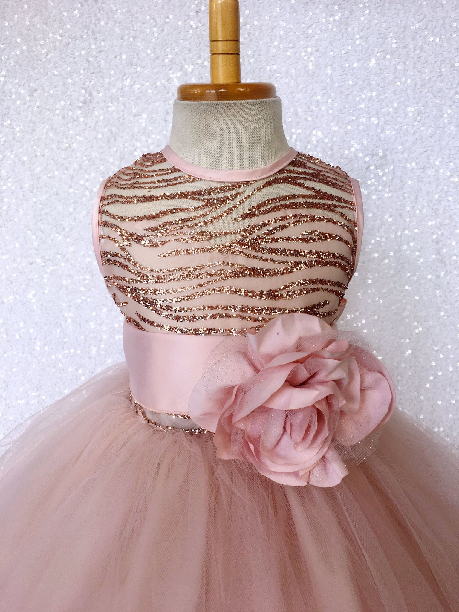 Sleeveless Rose Gold Glitter Satin Mesh Tulle Gown Sash Flower