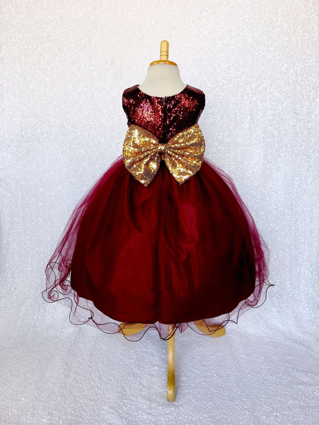 Sleeveless Burgundy Maroon Sequin Fishing Line 2 Layer Gown Gold Bow Ribbon