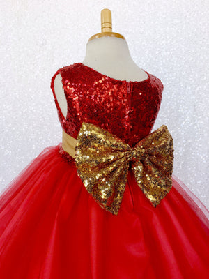 Mini Sequin Tulle Fishing Line Red 2 Layer Tulle Dress Gold Bow