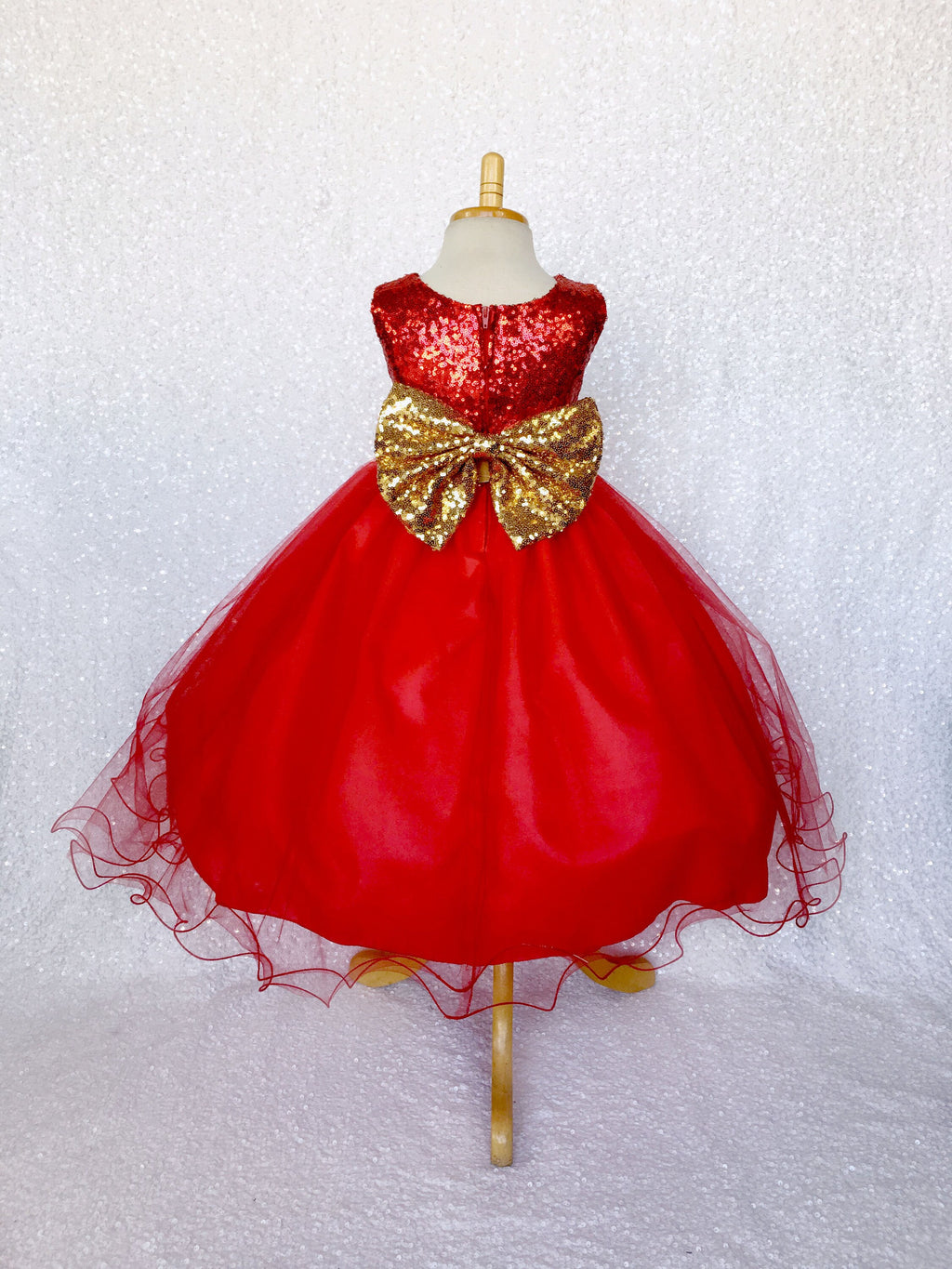 Mini Sequin Tulle Fishing Line Red 2 Layer Tulle Dress Gold Bow