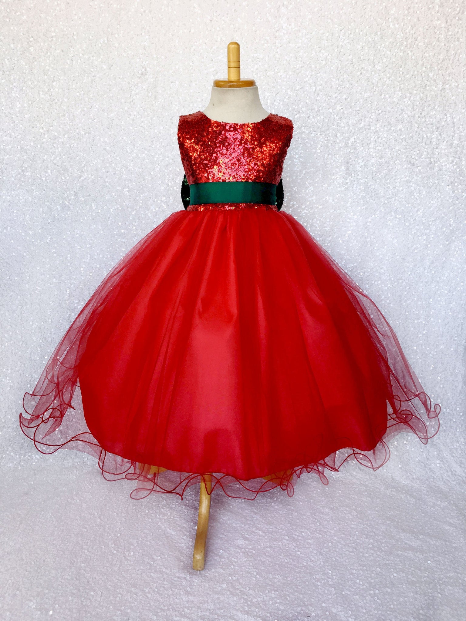 Sleeveless Red Mini Sequin 2 Layer Tulle Fishing Line Dress Hunter Green Bow