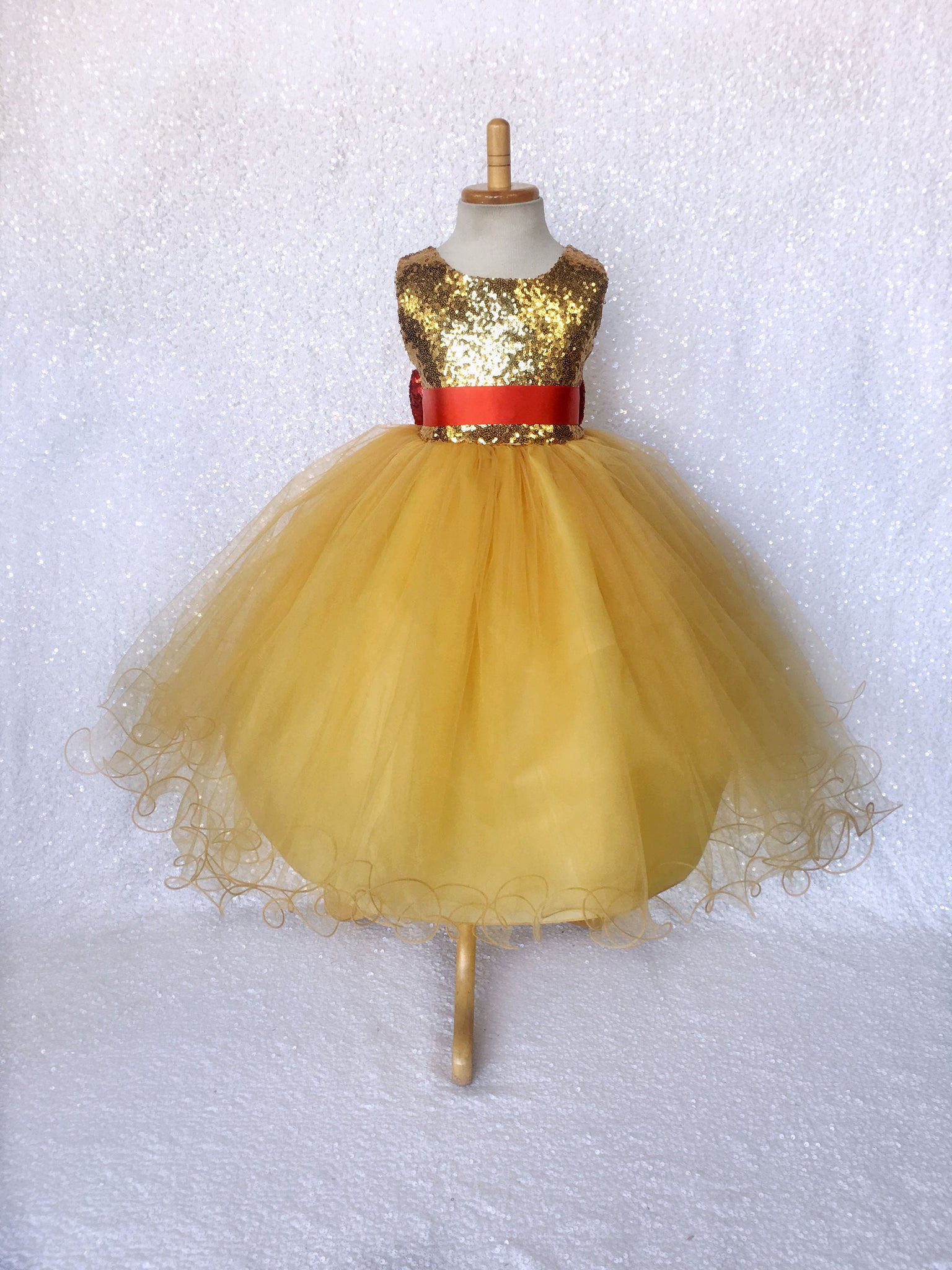 Mini Sequin Yellow 2 Layer Tulle Dress Red Bow