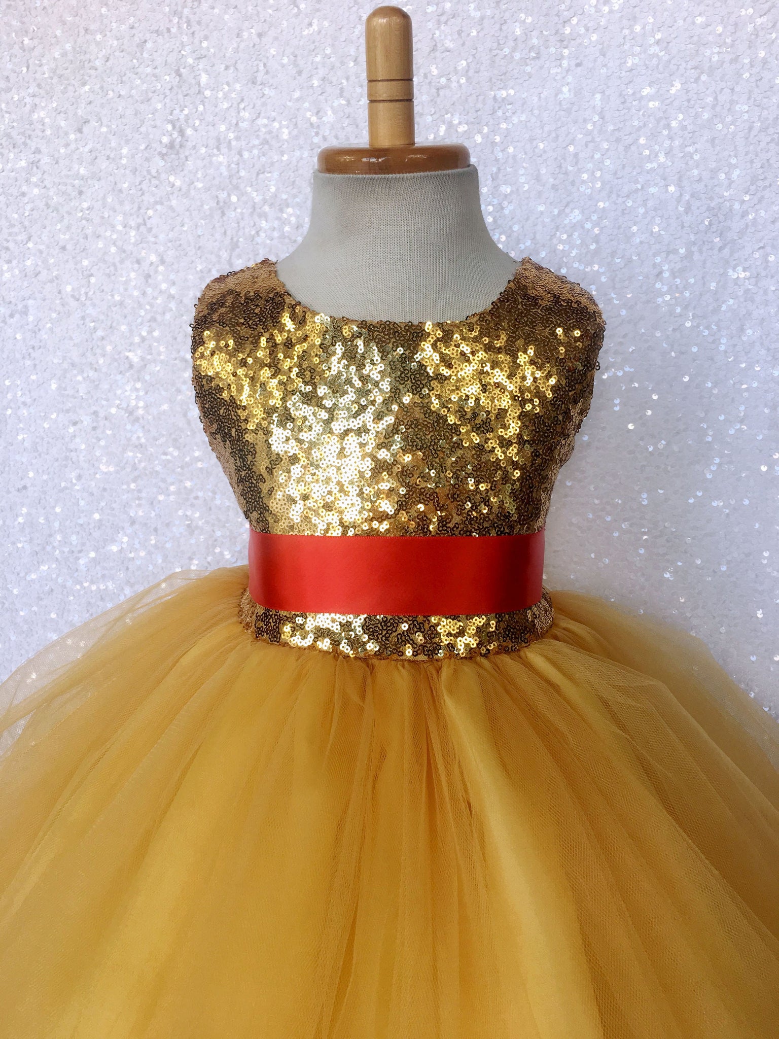 Mini Sequin Yellow 2 Layer Tulle Dress Red Bow