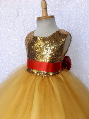 Mini Sequin Yellow 2 Layer Tulle Dress Red Bow